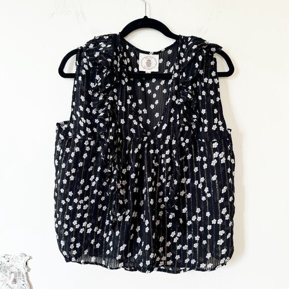 Muche et Muchette Black Daisy Floral Lurex Ruffle Semi Sheer Blouse Tank OS / M - Picture 3 of 10